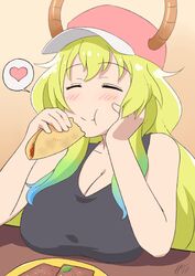  bare_shoulders baseball_cap blonde_hair blush breast_rest breasts cleavage closed_eyes commentary_request dragon_horns eating female gradient_hair green_hair hand_on_own_cheek hand_on_own_face happy hat heart hell_machina horns horns_through_headwear kobayashi-san_chi_no_maidragon large_breasts long_hair lucoa_(maidragon) mexico multicolored_hair smile solo spoken_heart taco tank_top 