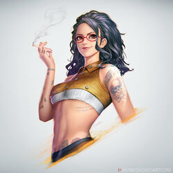  artist_name bare_shoulders black_hair breasts brown_eyes cigarette closed_mouth commentary crop_top cropped_torso devil_may_cry_(series) devil_may_cry_5 english_commentary female forehead freckles glasses gradient_background grey_background hairband holding holding_cigarette lips long_hair looking_at_viewer multicolored_nails nail_polish neoartcore nico_(devil_may_cry) patreon_logo photoshop_(medium) pink_lips red-framed_eyewear shoulder_tattoo skull_tattoo small_breasts smile smoke solo stomach tattoo toned underboob upper_body watermark web_address wing_collar 