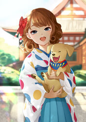  :o animal antweiyi architecture bad_id bad_pixiv_id blue_eyes blue_kimono blurry blurry_background bow brown_hair canine curly_hair day east_asian_architecture female hairbow happy_new_year holding holding_animal holding_dog japanese_clothes kimono medium_hair nengajou new_year open_mouth original outdoors photoshop_(medium) polka_dot red_bow solo upper_body 