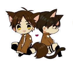  2boys :d animal_ears bad_id bad_pixiv_id black_eyes black_hair blush boots brown_hair cat_ears cat_tail chibi dog_ears dog_tail eren_yeager expressionless heart jacket levi_(shingeki_no_kyojin) looking_at_viewer meiji_(meeeeji) multiple_boys open_mouth paradis_military_uniform shingeki_no_kyojin short_hair smile standing tail thigh_strap white_background yellow_eyes 