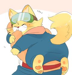  ambiguous_gender anthro bite blush chibi clothed clothing coveralls domestic_cat duo eyewear felid feline felis fully_clothed goggles holding_character hyaku_(artist) male mammal nintendo pawpads paws size_difference solo_focus spitz_(warioware) warioware whiskers 