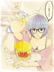  antenna_hair ayanami_rei blue-framed_eyewear blue_hair breasts cleavage commentary_request controller couch downblouse ebba expressionless female food glasses looking_at_viewer lying medium_breasts neon_genesis_evangelion off_shoulder on_stomach outstretched_arm pantyhose photoshop_(medium) popcorn red_eyes remote_control short_hair solo striped_clothes striped_pantyhose television translated 