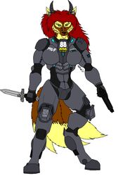  anthro armor ashtrek ashtrek_(ashtrek) beretta_92 big_breasts boob_armor breasts canid canine dagger dragon felid female fox gun hair handgun heterochromia hi_res horn hybrid lion machine mammal melee_weapon multi_tail mythological_creature mythological_scalie mythology pantherine pistol power_armor ranged_weapon red_hair scalie science_fiction simple_background solo tail weapon white_background 