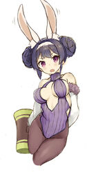  animal_ear_fluff animal_ears azur_lane bare_shoulders breasts breasts_apart brown_pantyhose center_opening collarbone commentary_request double_bun female fur-trimmed_jacket fur_trim groin hair_bun hairband hammer head_tilt jacket kemonomimi_mode large_breasts leotard looking_at_viewer ning_hai_(azur_lane) ning_hai_(moon_palace_rabbit)_(azur_lane) off_shoulder official_alternate_costume open_mouth pantyhose purple_eyes purple_hair purple_leotard rabbit_ears ryo_(tg290) sidelocks simple_background solo v-shaped_eyebrows white_background white_hairband white_jacket 