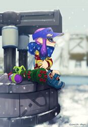  absurdres black_shorts blue_eyes blue_footwear blue_hat blue_scarf blurry boots commentary_request day depth_of_field female from_side hat highres inkling inkling_(language) inkling_girl inkling_player_character long_hair long_sleeves mini_splatling_(splatoon) multicolored_stripes outdoors pointy_ears puchiman purple_hair scarf shirt shorts sitting snow solo splatoon_(series) splatoon_1 striped_clothes striped_shirt tentacle_hair twitter_username visor_cap winter winter_clothes 