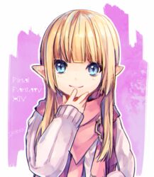  blonde_hair blue_eyes commentary_request female final_fantasy final_fantasy_xiv hand_on_own_face lalafell long_hair pink_scarf pink_sweater pointy_ears scarf shiraume_(hakubaian) smile solo sweater upper_body warrior_of_light_(ff14) 