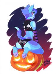  anthro armwear balls_in_panties bell_collar blue_eyes blue_hair clothed collar crop_top enjoipandas feline femboy furry halloween jack-o&#039;-lantern looking_at_viewer looking_over_shoulder male male_only paws purple_eyes raylo solo tail white_background 