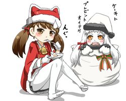  2girls abyssal_ship b-man bow brown_eyes brown_hair cake colored_skin commentary_request eating food fork gloves hat holding kantai_collection long_hair looking_at_viewer mittens multicolored_bow multiple_girls northern_ocean_princess open_mouth pantyhose red_ribbon ribbon ryuujou_(kancolle) santa_costume santa_hat sharp_teeth sitting skirt strawberry_shortcake sweatdrop teeth translated twintails utensil_in_mouth white_gloves white_hair white_legwear white_mittens white_pantyhose white_skin yellow_eyes 