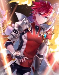  1boy aether_sage_(elsword) aisha_landar armor back-to-back bad_id bad_pixiv_id bracelet cloak commentary elsword elsword_(character) female fingerless_gloves fire gem gloves gradient_eyes highres jewelry knight_emperor_(elsword) lium multicolored_eyes red_hair shoulder_armor smile 