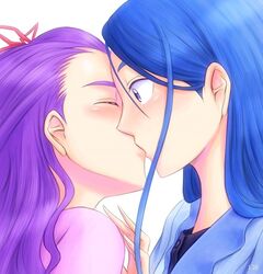  2girls blue_eyes blue_hair blush bonnie_(rsg) closed_eyes commentary_request kissing long_hair milk_(yes!_precure_5) mimino_kurumi minazuki_karen multiple_girls portrait precure purple_hair simple_background surprise_kiss surprised white_background yes!_precure_5 yes!_precure_5_gogo! yuri 