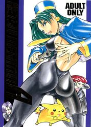  1boy 2girls aiming aiming_at_viewer ass back_cutout bad_anatomy bodysuit breasts clothing_cutout content_rating cover cover_page covered_nipples crossover doujin_cover e-hentai_sample earrings green_eyes green_hair gun hair_slicked_back handgun hat highres image_sample james_(pokemon) jessie_(pokemon) jewelry large_breasts lips makibi_kiyone multiple_girls pierre_norano pikachu pokemon pokemon_(anime) pokemon_(creature) scan sideboob skin_tight solo_focus team_rocket team_rocket_uniform tenchi_muyou! tenchi_muyou!_uchuu_hen tight_clothes weapon 