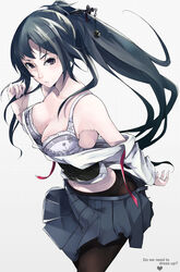  bare_shoulders bell black_hair bra breasts brown_eyes cleavage commentary_request english_text female graph_paper heart highres large_breasts looking_at_viewer mille_(dieci) navel original panties panties_under_pantyhose pantyhose photoshop_(medium) ponytail skirt solo underwear white_bra white_panties 