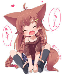  :d ^_^ ahoge animal_ears bare_shoulders black_socks blush braid brown_hair brown_shirt closed_eyes collarbone commentary_request facing_viewer fangs female fox_ears fox_girl fox_tail full_body hair_ornament hairclip head_tilt heart highres kneehighs long_hair makuran momiji_(makuran) no_shoes off-shoulder_shirt off_shoulder open_mouth original pleated_skirt polka_dot polka_dot_skirt purple_skirt shirt short_eyebrows short_sleeves sitting skirt smile socks soles solo spread_legs star_(symbol) star_hair_ornament tail thick_eyebrows toeless_legwear toes translated twin_braids very_long_hair 