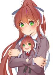  2girls :d bad_link brown_hair chibi chibi_hug collared_shirt commentary doki_doki_literature_club dual_persona eyes_visible_through_hair green_eyes grey_jacket hair_between_eyes hair_ribbon highres jacket jewelry long_hair looking_at_viewer mini_person minigirl monika_(doki_doki_literature_club) multiple_girls open_mouth ornate_ring ponytail ribbon ring school_uniform shirt simple_background smile upper_body wedding_ring white_background white_ribbon white_shirt xhunzei 