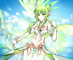  bad_id bad_pixiv_id bow chuki_(lydia) commentary_request daybreaker_(elsword) elf elsword familiar female gloves green_eyes green_hair hair_ornament highres holding holding_weapon long_hair pointy_ears rena_erindel smile weapon white_gloves wings 