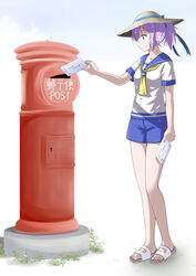  absurdres aoba_(kancolle) blue_eyes blue_sailor_collar blue_scrunchie blue_shorts commentary_request envelope female full_body hat highres japanese_cylindrical_postbox japanese_postal_mark kantai_collection neckerchief ponytail postbox_(outgoing_mail) purple_hair sailor_collar sandals school_uniform scrunchie serafuku shochuumimai shorts simple_background solo sosser straw_hat white_background yellow_neckerchief 