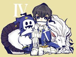  1boy aosagi black_hair cerberus_(megami_tensei) coat commentary_request flynn_(megami_tensei) jack_frost_(megami_tensei) male_focus photoshop_(medium) ponytail shin_megami_tensei shin_megami_tensei_iv 