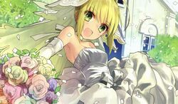  ahoge blonde_hair blush breasts choker cleavage dress fate/extra fate/extra_ccc fate/stay_night fate_(series) female flower gloves green_eyes happy saber_extra short_hair wada_aruko wada_rco wedding wedding_dress 