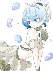  6269 bent_over bikini bikini_top_only blue_eyes blue_hair chains commentary_request earrings female jewelry mahou_shoujo_ikusei_keikaku navel princess_deluge scales short_hair solo swimsuit tiara water_drop 