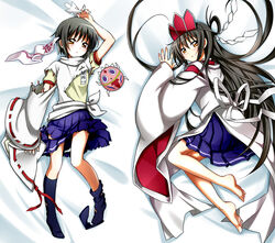  aosa_(michikusakan) barefoot bed_sheet black_hair blush brown_eyes commentary_request dakimakura_(medium) detached_sleeves female japanese_clothes keikain_yura long_hair lying multiple_views nurarihyon_no_mago on_back on_side onmyouji paper ribbon short_hair skirt socks torn_clothes wallet wide_sleeves 