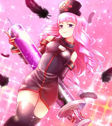  cardfight!!_vanguard cardfight!!_vanguard_g commentary_request drill_hair feathers female gloves hashima_rin hat huryuuzaki large_syringe long_hair nurse nurse_cap oversized_object pink_background pink_hair purple_eyes simple_background solo sparkle syringe thighs 