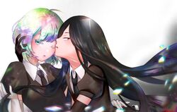  2others androgynous antweiyi black_eyes black_gloves black_necktie blue_eyes bort commentary_request diamond_(houseki_no_kuni) elbow_gloves gem_uniform_(houseki_no_kuni) gloves hand_in_own_hair houseki_no_kuni long_hair looking_at_viewer multiple_others necktie other_focus shirt short_hair short_sleeves upper_body very_long_hair white_gloves 