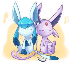  :3 back-to-back bukoya closed_eyes commentary_request digital_media_player earphones espeon forked_tail glaceon musical_note no_humans photoshop_(medium) pokemon pokemon_(creature) shared_earphones siblings sisters sitting tail 