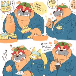  anthro bulldog candy canid canine canis chocolate clothing coveralls dessert domestic_cat domestic_dog dribble_(warioware) duo felid feline felis food hyaku_(artist) japanese_text male mammal marshmallow mastiff molosser multiple_poses muscular nintendo plushie pose sewing size_difference spitz_(warioware) text translation_request warioware 