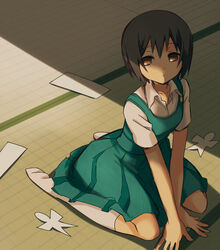  aosa_(michikusakan) black_hair brown_eyes commentary_request female keikain_yura nurarihyon_no_mago paper shadow short_hair sitting socks solo tatami wariza 