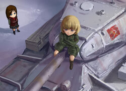  2girls bad_id bad_pixiv_id blonde_hair blue_eyes cannon commentary_request crossed_arms emblem girls_und_panzer is-2 katyusha_(girls_und_panzer) long_hair military military_uniform military_vehicle motor_vehicle multiple_girls nonna_(girls_und_panzer) on_vehicle photoshop_(medium) pravda_(emblem) pravda_military_uniform rod_(wayfirecmo19) short_hair short_jumpsuit sitting snow tank turret uniform 