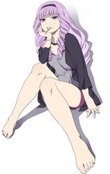  bad_id bad_pixiv_id barefoot cardfight!!_vanguard cardfight!!_vanguard_g commentary_request drill_hair eating feet female food full_body hairband hashima_rin jewelry long_hair mattaku_mousuke necklace photoshop_(medium) popsicle purple_eyes purple_hair simple_background sitting solo white_background 