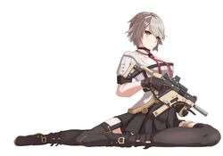  absurdres black_footwear black_thighhighs breasts cleavage_cutout clothing_cutout commentary female garter_straps girls&#039;_frontline gun high-waist_skirt highres holding holding_weapon kriss_vector large_breasts looking_at_viewer pleated_skirt rlin short_hair short_sleeves sitting skirt solo submachine_gun thighhighs vector_(girls&#039;_frontline) weapon white_hair yellow_eyes zettai_ryouiki 