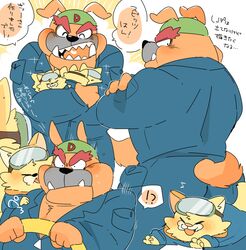  anthro bulldog canid canine canis clothing coveralls domestic_cat domestic_dog dribble_(warioware) driving felid feline felis hyaku_(artist) japanese_text licking male mammal mastiff molosser multiple_poses muscular nintendo pose size_difference spitz_(warioware) text tongue tongue_out translation_request warioware 