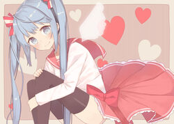  alternative_costume bent_knees black_legwear blue_eyes blue_hair blush bow collar female female hair_ornament hairbow hatsune_miku heart highres long_hair long_sleeves looking_at_viewer minase_nagi pink_bow pink_skirt pleated pleated_skirt ribbon sailor_collar school_uniform shirt sitting skirt smile solo thighhighs tied_hair twintails vocaloid white_shirt white_wings wings 