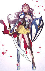  :o antweiyi armor asymmetrical_legwear bad_id bad_pixiv_id belt black_legwear blue_footwear breasts brown_hair cleavage cleavage_cutout clothing_cutout commentary_request earrings elbow_gloves female flower full_body gauntlets gloves greaves highres holding holding_sword holding_weapon jewelry long_hair long_legs medium_breasts petals photoshop_(medium) pointy_ears red_eyes red_flower red_sash ribbon sash shield shoulder_armor skirt solo standing sword uneven_legwear valiant_force very_long_hair weapon yellow_skirt 