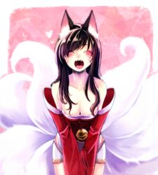  ahri_(league_of_legends) animal_ears blue_hair breasts closed_eyes commentary detached_sleeves facial_mark fangs female fox_ears fox_girl fox_tail korean_clothes large_breasts league_of_legends leaning_forward long_hair mizoreame multiple_tails off_shoulder open_mouth solo tail translated v_arms whisker_markings wide_sleeves 