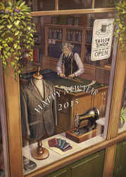  1boy 2015 anbe_yoshirou commentary_request desk english_text eyebrows facial_hair from_outside glasses goatee grey_hair happy_new_year jacket lamp long_sleeves male_focus mannequin necktie new_year old old_man original partial_commentary photoshop_(medium) plant potted_plant scissors sewing_machine shirt shop signature sketching solo spool tailor tape_measure vest wallet white_shirt window 