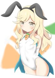  absurdres animal_ears arms_behind_back bad_id bad_pixiv_id blonde_hair blue_cape blue_eyes cape carrot covered_navel coyomin elbow_gloves fake_animal_ears female gloves hairband highres leotard long_hair makenai-chan original rabbit_ears solo upper_body white_gloves white_leotard 