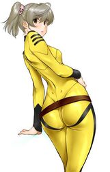  :o ahoge alternate_color ass belt bodysuit breasts cowboy_shot dimples_of_venus dutch_angle female from_behind grey_hair hair_between_eyes hand_on_own_hip impossible_clothes kneepits looking_at_viewer looking_back misaki_yuria open_mouth red_eyes scrunchie shinobu_(tyno) shiny_clothes short_hair short_twintails simple_background skin_tight small_breasts solo standing surprised tight_clothes turtleneck twintails uchuu_senkan_yamato uchuu_senkan_yamato_2199 white_background wide_hips yellow_bodysuit yellow_theme 