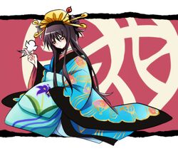  black_hair blue_kimono brown_eyes commentary_request expressionless female folding_fan hair_ornament hair_stick hand_fan holding japanese_clothes kanzashi keikain_yura kimono long_hair long_sleeves nurarihyon_no_mago obi oiran outside_border paper sash shikigami sidelocks sitting solo tkgsize wide_sleeves 