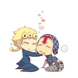  2boys blonde_hair chibi commentary_request giorno_giovanna guido_mista hanaichi_(hana13) hat heart hug jojo_no_kimyou_na_bouken midriff multiple_boys vento_aureo 