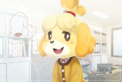  2017 :d accessory animal_crossing anthro bangs bell black_eyes black_nose blonde_hair blush book buckteeth canid canine canis chair clothed clothing computer countershade_face countershading desk digital_media_(artwork) domestic_dog dress_shirt electronics female floppy_ears fully_clothed fur furniture hair hair_accessory happy inside isabelle_(animal_crossing) jingle_bell kemono keyboard long_ears long_sleeves looking_at_viewer mammal multicolored_body multicolored_fur musical_note nintendo office open_mouth pink_tongue portrait ribbons shelf shih_tzu shirt short_hair smile solo table teeth tongue topknot topwear toy_dog tsutsuji two_tone_body two_tone_fur uniform white_body white_clothing white_countershading white_fur white_shirt white_topwear window yellow_body yellow_clothing yellow_fur 