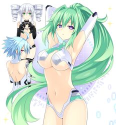  3girls ahoge armpits arms_behind_head bare_shoulders black_sister blue_hair breast_envy breasts cleavage drill_hair elbow_gloves gloves green_eyes green_hair green_heart_(neptunia) highres large_breasts light_blue_hair long_hair looking_at_viewer looking_back multiple_girls navel neptune_(series) ponytail power_symbol power_symbol-shaped_pupils purple_eyes red_eyes short_hair short_hair_with_long_locks smile symbol-shaped_pupils twin_drills very_long_hair white_hair white_heart_(neptunia) zero_(ray_0805) 