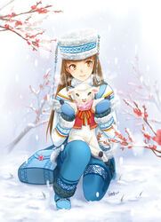  bad_id bad_pixiv_id bag beads blush breath brown_hair coat commentary female hat kneeling long_hair looking_at_viewer mittens new_year original photoshop_(medium) rainsp sheep signature smile snow solo tree winter winter_clothes winter_coat 