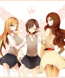  3girls ;q adjusting_hair alternate_legwear asamiyajy belt blonde_hair breast_lift breasts brown_eyes brown_hair commentary crown dress elbow_gloves frown garter_straps gloves lace_background large_breasts long_hair looking_at_another looking_at_viewer misaka_mikoto mugino_shizuri multiple_girls one_eye_closed photoshop_(medium) red_eyes school_uniform shokuhou_misaki short_sleeves skirt smile star-shaped_pupils star_(symbol) summer_uniform sweater_vest symbol-shaped_pupils thighhighs toaru_kagaku_no_railgun toaru_majutsu_no_index tokiwadai_school_uniform tongue tongue_out wavy_hair white_gloves white_thighhighs yellow_eyes yellow_legwear zettai_ryouiki 