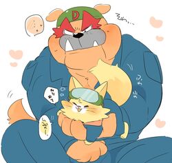  anthro blush bulldog canid canine canis clothing coveralls cuddling domestic_cat domestic_dog dribble_(warioware) duo felid feline felis hyaku_(artist) japanese_text male mammal mastiff molosser muscular nintendo sitting size_difference spitz_(warioware) text translation_request warioware 