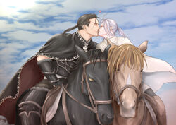  2boys armor arslan arslan_senki black_cape black_gloves black_hair blue_sky cape closed_eyes commentary_request daryoon dated day elbow_gloves gloves heart highres horse horseback_riding kissing male_focus multiple_boys ponytail reins riding risuusagi2 saddle sky white_cape white_hair yaoi yellow_eyes 