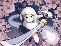  commentary_request dual_wielding female highres holding katana konpaku_youmu nappooz solo sword touhou weapon white_hair 