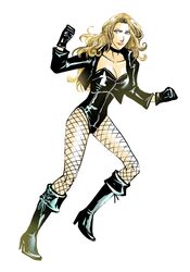  black_canary blonde_hair blue_eyes boots dc_comics female fishnets full_body gloves jacket leotard petri simple_background solo white_background 