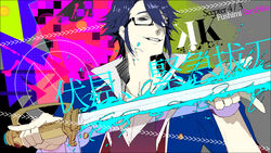  1boy abstract black-framed_eyewear commentary_request fushimi_saruhiko glasses grin high_contrast holding holding_sword holding_weapon k-project male_focus mzet photoshop_(medium) purple_eyes purple_hair smile solo sword uniform weapon 